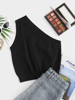 Knitted Cropped One Shoulder Tank Top M Black