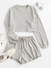 Knitted Drop Shoulder Drawstring Shorts Set L Light gray