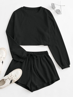 Knitted Drop Shoulder Drawstring Shorts Set M Black