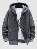 Knitted Fleece-lined Hooded Sweater Jacket M Light gray