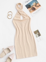Knitted Halter Bodycon Dress M Light coffee