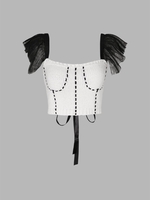 Knitted Lace Up Cupped Ruffle Lace Shoulder Tank Top M White