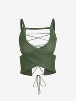 Knitted Lace Up Cut Out Tank Top M Deep green