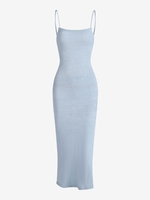 Knitted Lace Up Thigh Split Midi Dress M Light blue