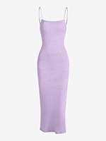 Knitted Lace Up Thigh Split Midi Dress M Light purple