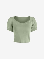 Knitted Puff Sleeve Crop T Shirt Light green