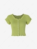 Knitted Raglan Sleeve Lettuce Trim Mock Button T Shirt Green