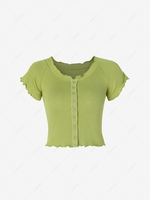 Knitted Raglan Sleeve Lettuce Trim Mock Button T Shirt Green