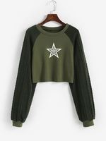 Knitted Raglan Sleeve Star Pattern Crop T Shirt S Deep green