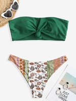 Knot Bandeau Ethnic Print Cheeky Bikini Set Deep green
