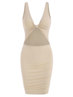 Knot Cutout Ruched Slinky Mini Dress M Light coffee