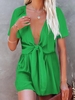 Knot Solid Color Plunging Neck Romper L Green