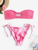 Knot Swiss Dot Strapless Daisy Tie Dye String Bikini Set Light pink