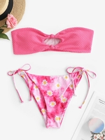 Knot Swiss Dot Strapless Daisy Tie Dye String Bikini Set Light pink