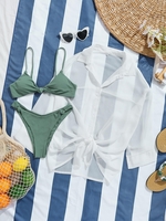 Knot Textured Bikini Swimwear With Semi Sheer Cover Up Shirt Light green