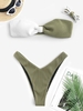 Knotted Colorblock Ribbed High Cut Bikini Swimwear Green