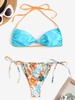 Knotted Convertible Floral Print String Bikini Set Coffee