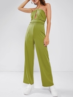 Knotted Halter Keyhole Ruched Waist Wide Leg Jumpsuit S Green