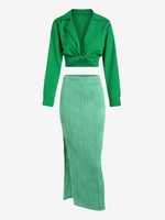 Knotted Lapel Crop Shirt and Textured Slit Maxi Skirt Set Deep green