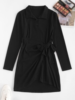 Knotted Overlap Long Sleeve Henley Dress M Black