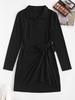 Knotted Overlap Long Sleeve Henley Dress S Black