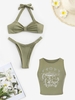 Knotted Ribbed Bikini Set With Mushroom Tank Top Green