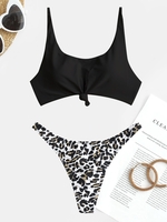 Knotted Scoop Neck Bikini Top With Leopard Print Thong Bikini Bottom Two Piece Set Black