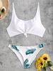 Knotted Tropical Leaf Print Bikini Swimwear White