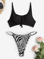 Knotted Zebra Stripe Tanga String Bikini Swimwear Black