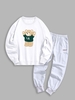 LA Cartoon Bear Graphic Pullover Sweatshirt with Embroidery Letter Drawstring Jogger Sweatpants Set White