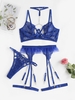 Lace Chain Linked Choker Garter Lingerie Set with Leg Rings S Blue