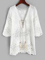 Lace Crochet Fuzzy Feather Cover Up Top White