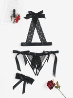 Lace Crotchless Ties Thigh Ring Lingerie Set L Black