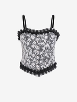 Lace Decor Faux Pearl Chest Pad Crop Top Black