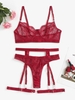 Lace Fishnet See Thru Garter Leg Rings 4Pcs Lingerie Set L Deep red