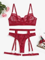 Lace Fishnet See Thru Garter Leg Rings 4Pcs Lingerie Set M Deep red