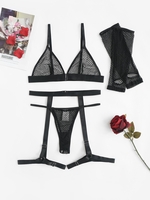 Lace Front Closure Leg Ring Garter Lingerie Set with Fingerless Gloves L Black