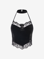 Lace Halter Bowknot Backless Cropped Tank Top S Black