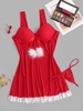 Lace Hem Mesh Moulded-cup Babydoll Set L Red