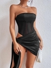 Lace Hook Front Tie Side Bandeau Dress L Black