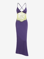 Lace Insert Backless Mermaid Dress S Purple