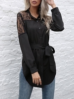 Lace Insert Belted Curved Hem Shirt S Black