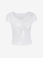 Lace Insert Bowknot Mock Button T Shirt L White