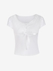 Lace Insert Bowknot Mock Button T Shirt S White