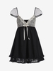 Lace Insert Cap Sleeve Bowknot Frilled Mini Dress L Black