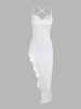 Lace Insert Cowl Front Criss Cross Asymmetric Dress L White
