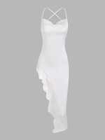 Lace Insert Cowl Front Criss Cross Asymmetric Dress L White