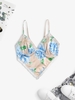 Lace Insert Flower Print Scarf Hem Camisole S Blue