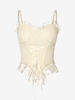 Lace Insert Smocked Lace-up Ruffle Scarf Hem Camisole Light yellow