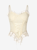 Lace Insert Smocked Lace-up Ruffle Scarf Hem Camisole Light yellow